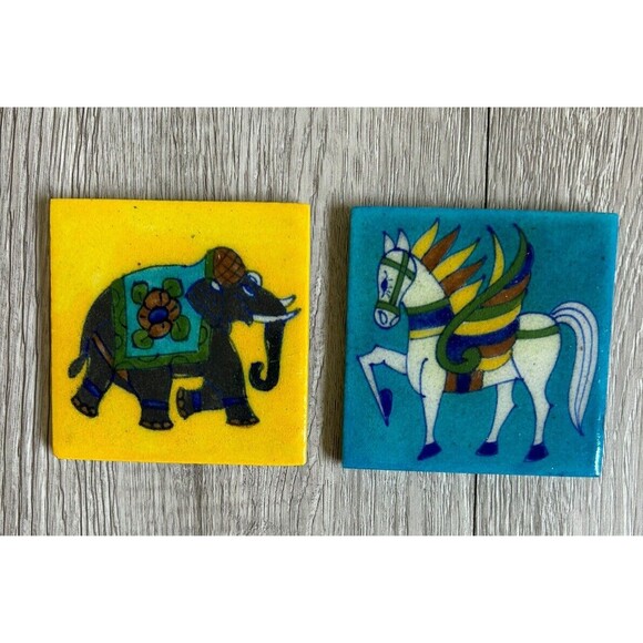 Miniature Indian Painted 3" Square Tiles Elephant & Winged Horse Pegasus Glossy - Picture 1 of 5